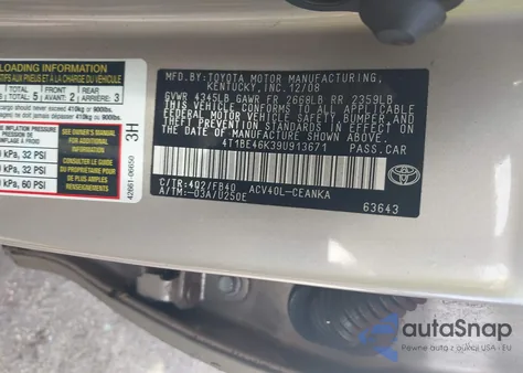 2009 Toyota Camry Le from USA, damaged, VIN 4T1BE46K39U913671